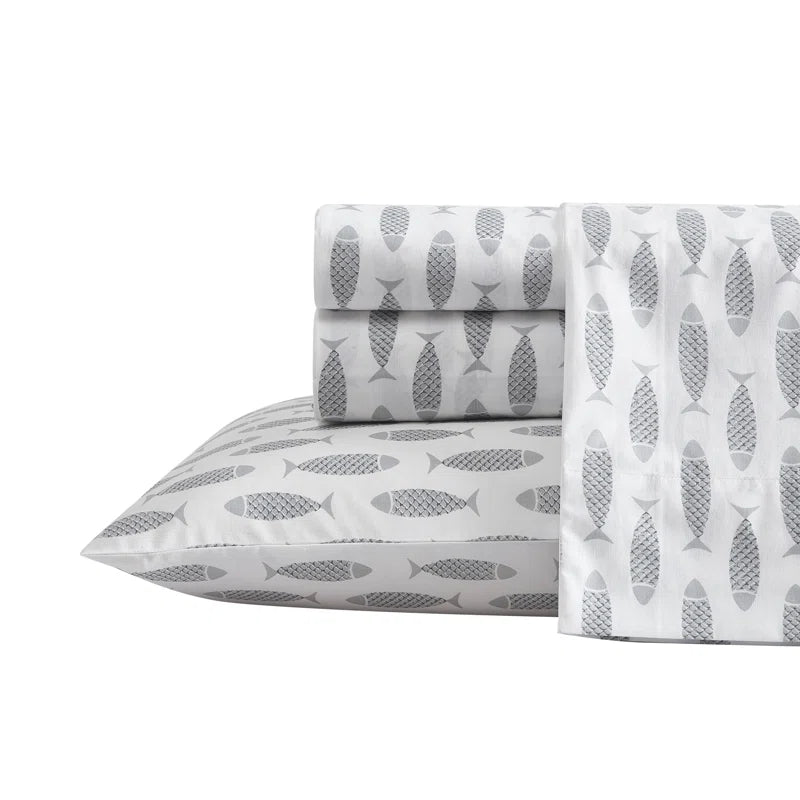 Nautica Woodblock Grey Fish Custom Percale Sheet Set