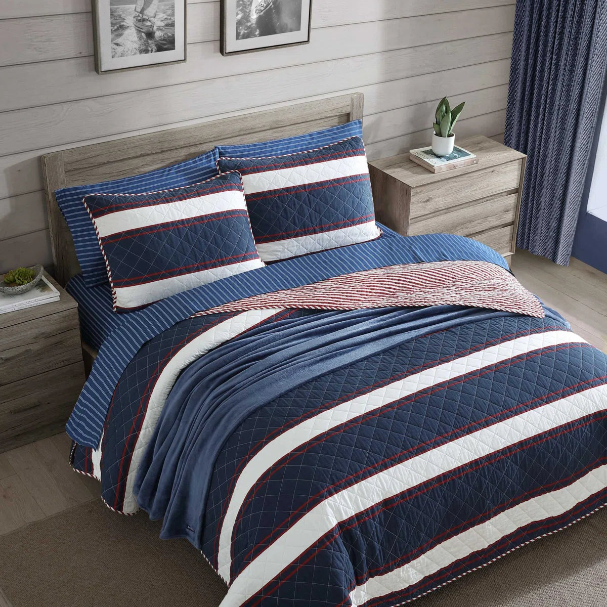 Nautica Pinstripe Red Custom Percale Sheet Set