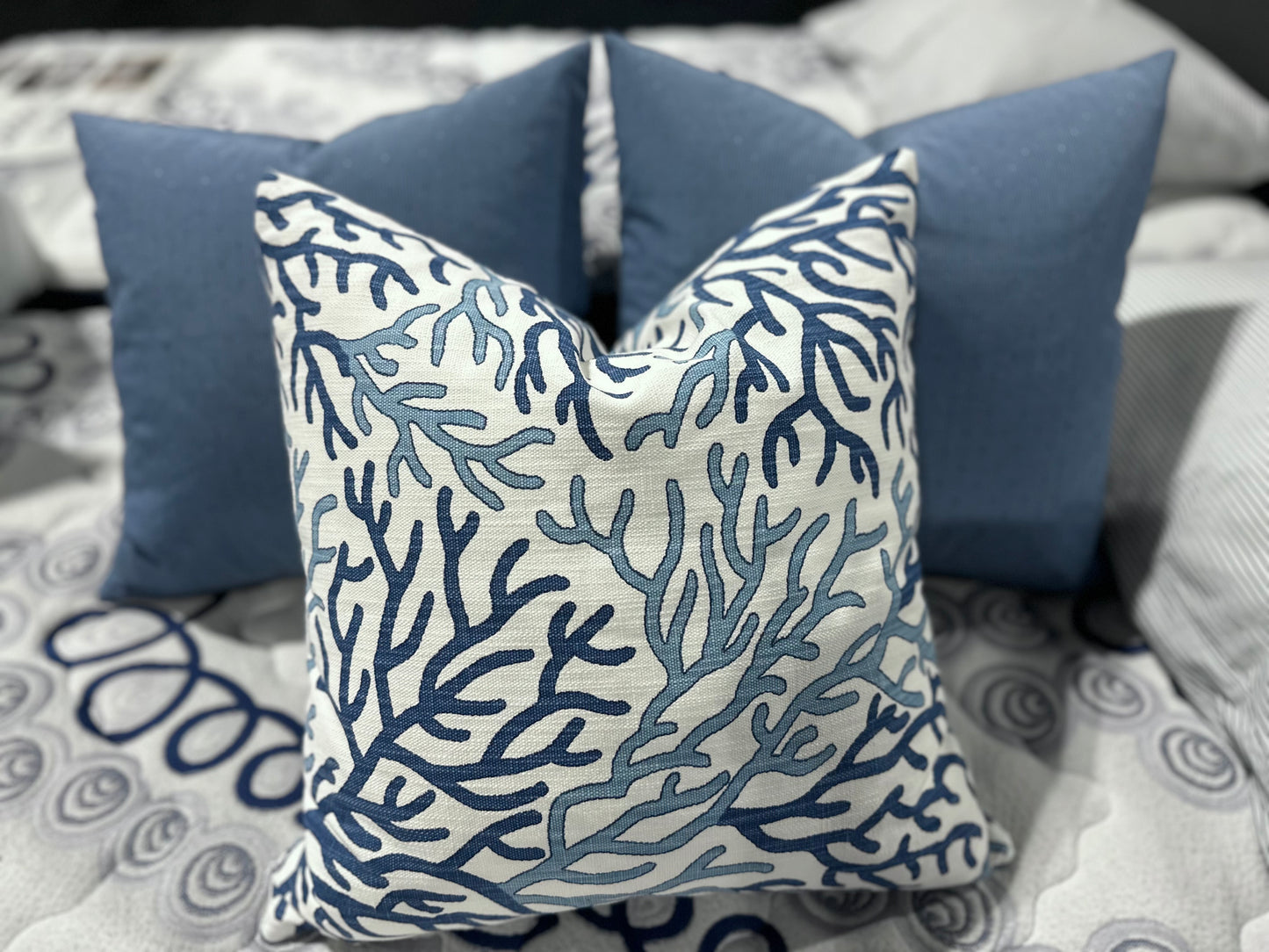 Denim Blue Coral Accent Cushion With Insert