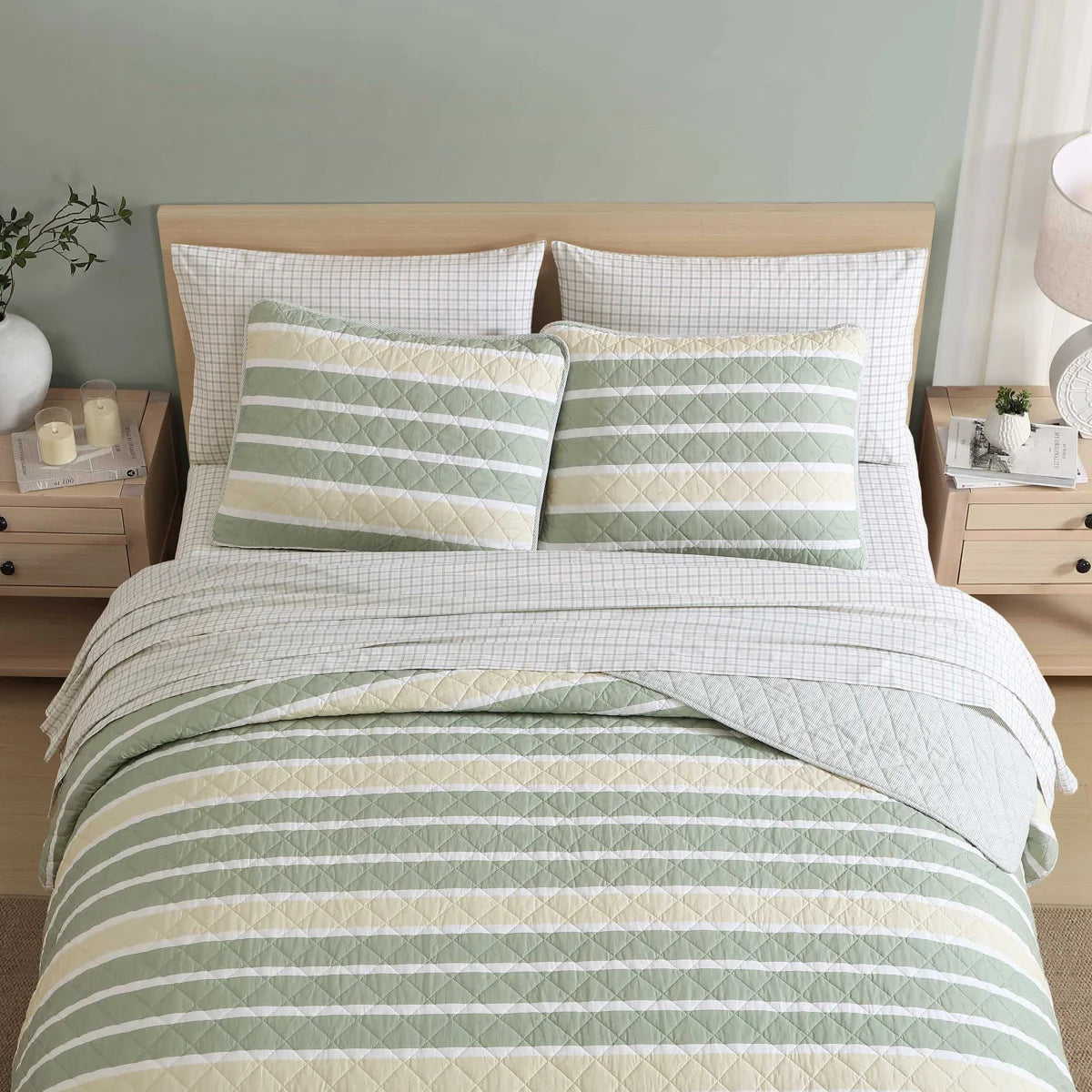 NEW**Nautica Varadero Stripe Cotton Reversible Green Custom Quilt Set With Shams