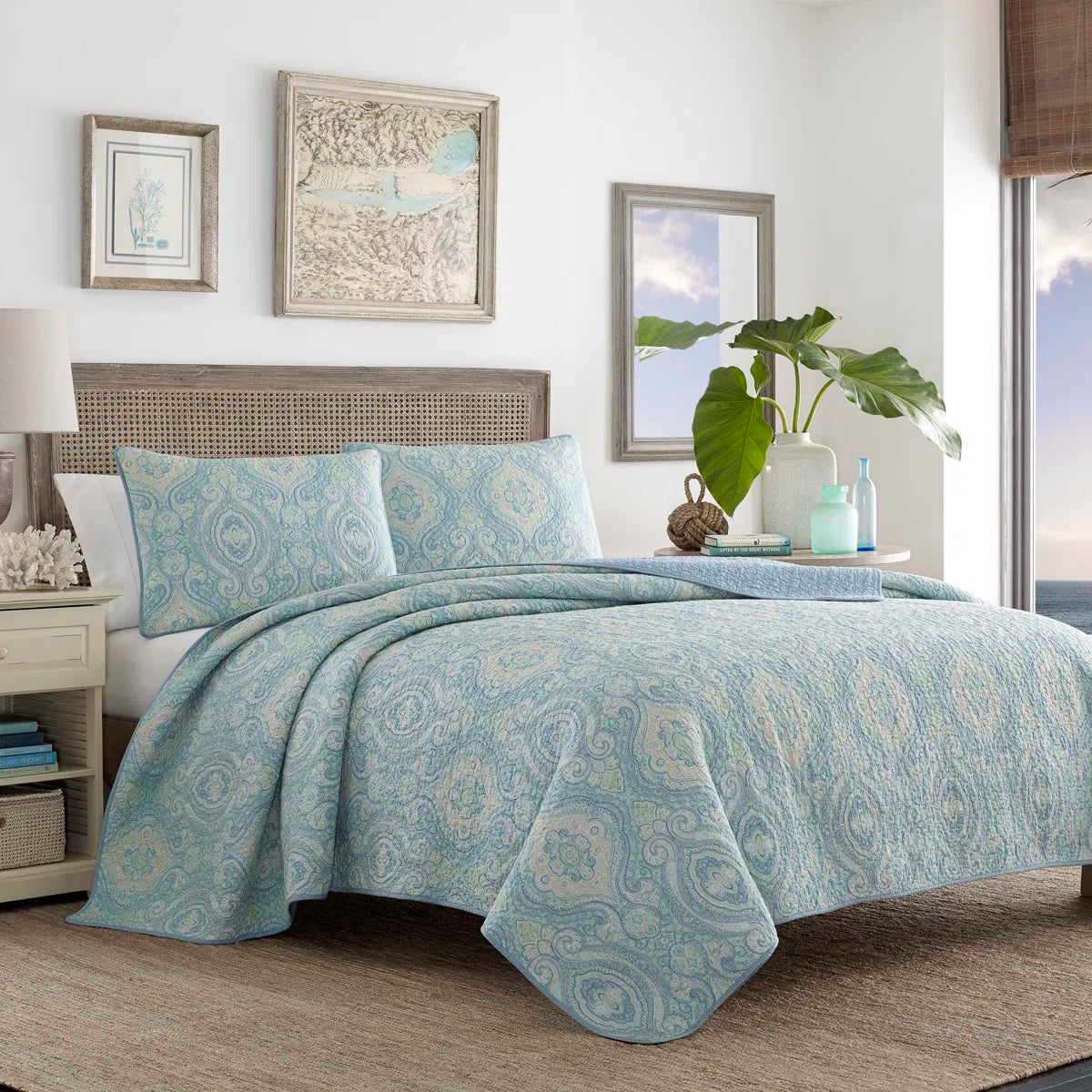 Tommy Bahamas Turtle Cove Cotton Reversible Custom Quilt with Shams-Light Blue