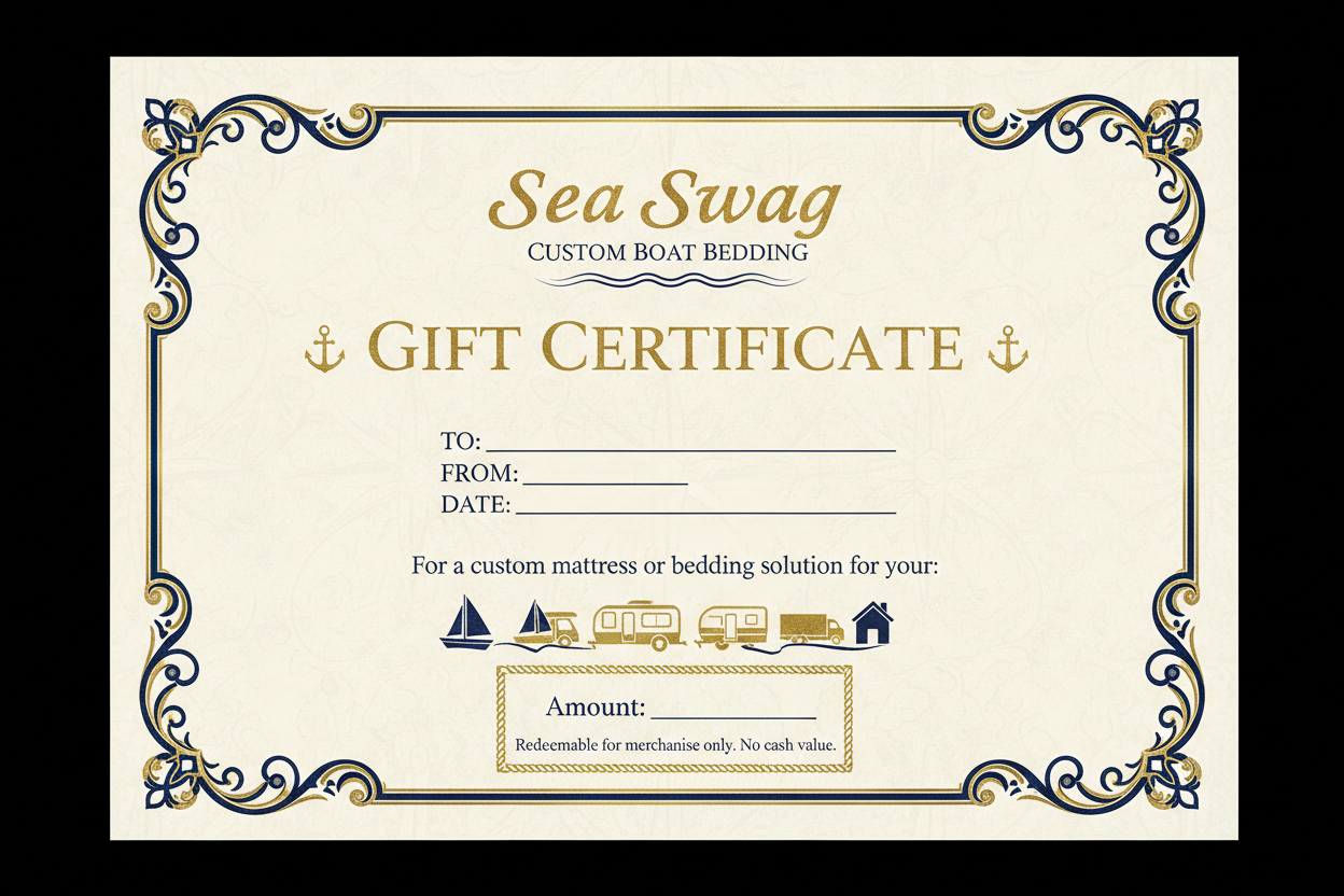 make a non specific priced gift certificate for my business called sea swag custom boat bedding that sells custom mattresses and custom bedding but also for rv's trailers, transporrt trucks and home and cottage.