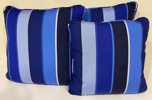 Set of 3 Blue Striped Accent Cushions with Piping