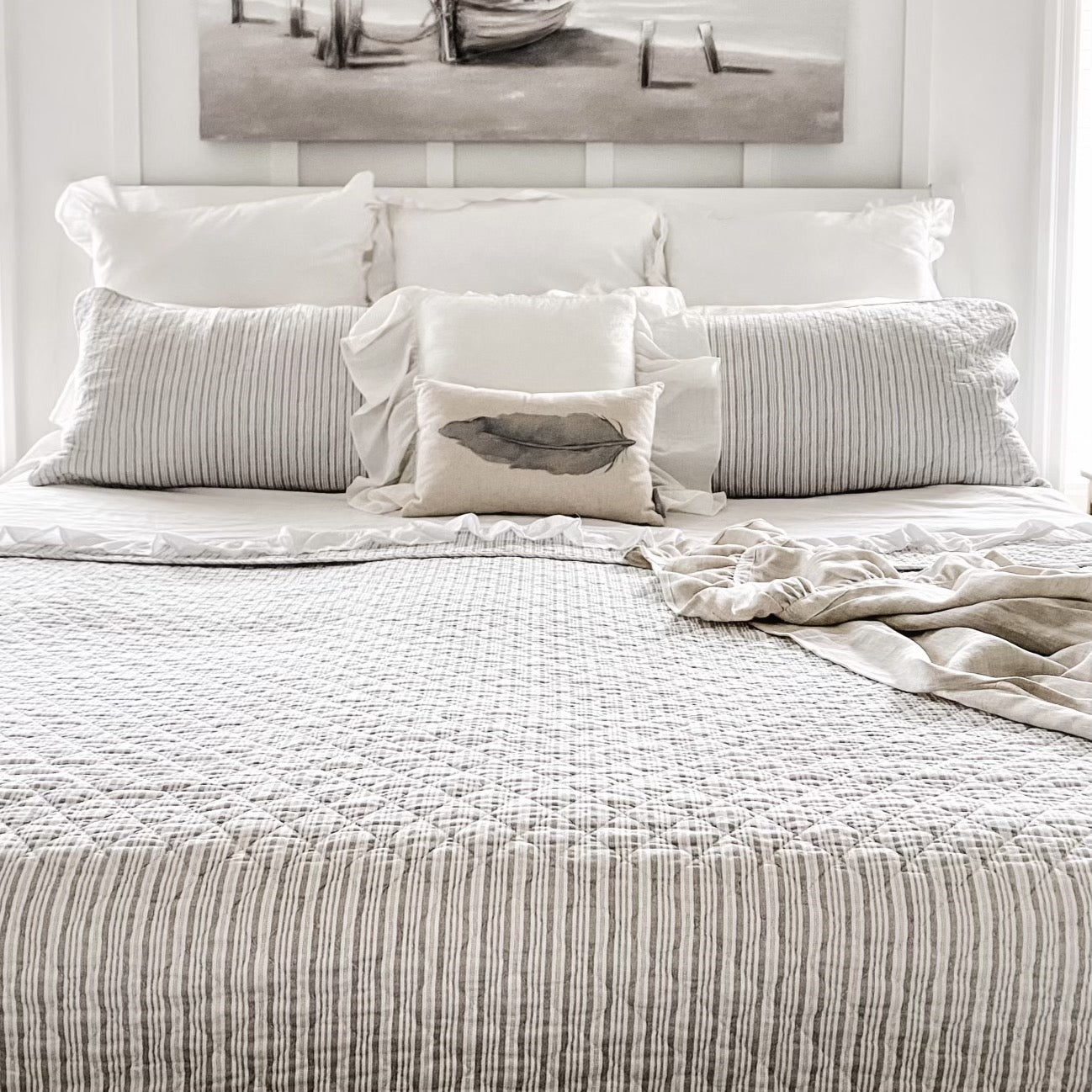 Grey Ticking Quilt with Shams